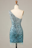 Sparkly Bodycon Blå paljetter Kort Homecoming Klänning med tofs