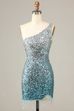 Sparkly Bodycon Blå paljetter Kort Homecoming Klänning med tofs
