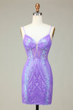 Snygg Bodycon Spaghettiband Lila Paljetter Korsett Homecoming Klänning med Criss Cross Tillbaka