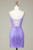 Snygg Bodycon Spaghettiband Lila Paljetter Korsett Homecoming Klänning med Criss Cross Tillbaka