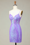Snygg Bodycon Spaghettiband Lila Paljetter Korsett Homecoming Klänning med Criss Cross Tillbaka