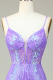 Snygg Bodycon Spaghettiband Lila Paljetter Korsett Homecoming Klänning med Criss Cross Tillbaka