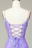 Snygg Bodycon Spaghettiband Lila Paljetter Korsett Homecoming Klänning med Criss Cross Tillbaka