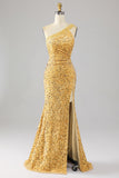 Mermaid Paljetter One Shoulder Golden Prom Klänning med slits