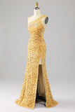 Mermaid Paljetter One Shoulder Golden Prom Klänning med slits