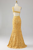 Mermaid Paljetter One Shoulder Golden Prom Klänning med slits