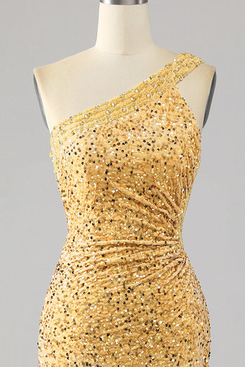 Mermaid Paljetter One Shoulder Golden Prom Klänning med slits