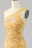 Mermaid Paljetter One Shoulder Golden Prom Klänning med slits