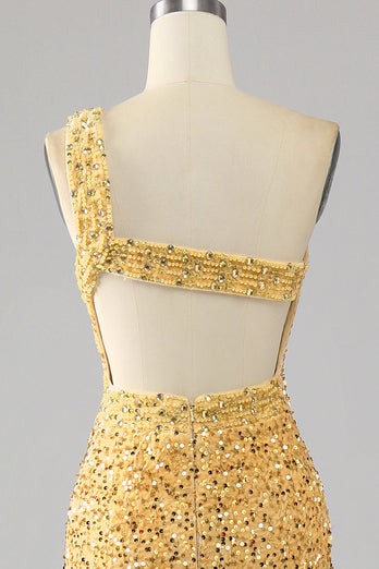 Mermaid Paljetter One Shoulder Golden Prom Klänning med slits