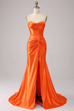 Orange Mermaid Sweetheart Korsett Lång glittrande balklänning med slits