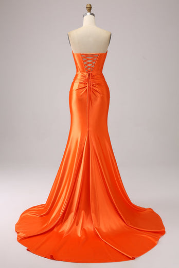 Orange Mermaid Sweetheart Korsett Lång glittrande balklänning med slits