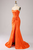 Orange Mermaid Sweetheart Korsett Lång glittrande balklänning med slits