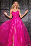 Hot Pink A-linje Spaghetti Straps Lång Korsett Balklänning med slits