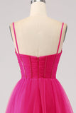 Fuchsia A-linje Spaghetti Remmar Lång Korsett Balklänning med Slits