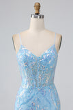 Glittrande Ljusblå Mermaid Spaghetti Straps Lång Balklänning Med Beading