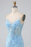 Glittrande Ljusblå Mermaid Spaghetti Straps Lång Balklänning Med Beading