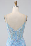 Glittrande Ljusblå Mermaid Spaghetti Straps Lång Balklänning Med Beading