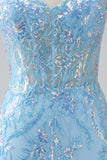 Glittrande Ljusblå Mermaid Spaghetti Straps Lång Balklänning Med Beading