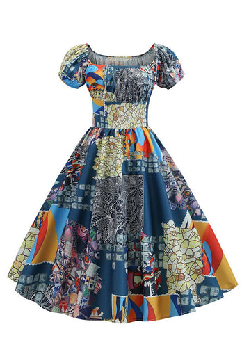 Puff Ärm tryckt Vintage klänning