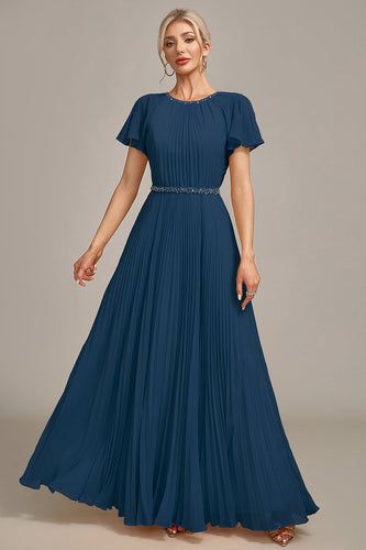 Marinblå A-linjeformad rund hals plisserad klänning för brudens mor med korta ärmar