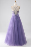 Lila A-linje Spaghetti Straps Korsett Balklänning med 3D-blommor