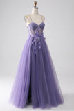 Lila A-linje Spaghetti Straps Korsett Balklänning med 3D-blommor