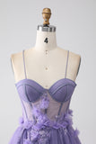 Lila A-linje Spaghetti Straps Korsett Balklänning med 3D-blommor