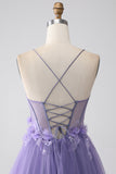 Lila A-linje Spaghetti Straps Korsett Balklänning med 3D-blommor
