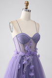 Lila A-linje Spaghetti Straps Korsett Balklänning med 3D-blommor