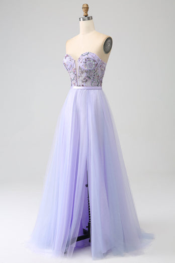 Lavendel A Line Tyll Korsett Balklänning med slits
