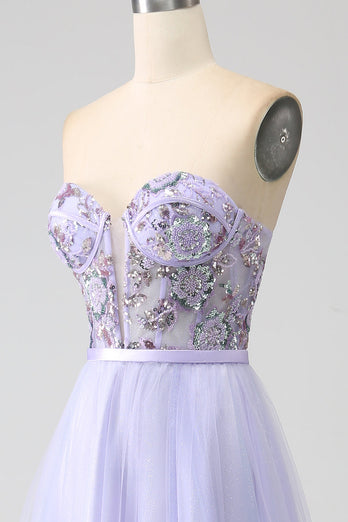 Lavendel A Line Tyll Korsett Balklänning med slits