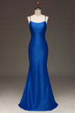 Enkel Royal Blue Satin Mermaid Lång Balklänning