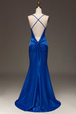 Enkel Royal Blue Satin Mermaid Lång Balklänning