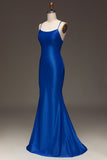 Enkel Royal Blue Satin Mermaid Lång Balklänning