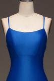Enkel Royal Blue Satin Mermaid Lång Balklänning
