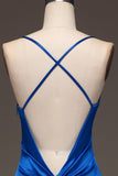 Enkel Royal Blue Satin Mermaid Lång Balklänning