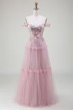 Off the Shoulder Tulle Rosa Balklänning med applikationer