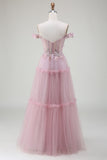 Off the Shoulder Tulle Rosa Balklänning med applikationer