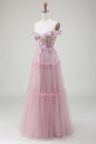 Off the Shoulder Tulle Rosa Balklänning med applikationer