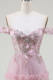 Off the Shoulder Tulle Rosa Balklänning med applikationer