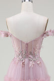 Off the Shoulder Tulle Rosa Balklänning med applikationer