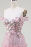 Off the Shoulder Tulle Rosa Balklänning med applikationer