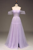 Lila Off The Shoulder A Line Tyll Princess Balklänning med slits