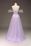 Lila Off The Shoulder A Line Tyll Princess Balklänning med slits