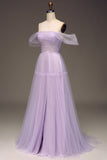 Lila Off The Shoulder A Line Tyll Princess Balklänning med slits