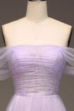 Lila Off The Shoulder A Line Tyll Princess Balklänning med slits