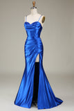 Royal Blue Spaghetti Straps Mermaid Lång Balklänning Med Slits