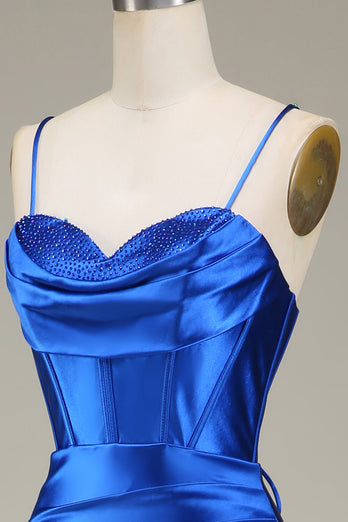 Royal Blue Spaghetti Straps Mermaid Lång Balklänning Med Slits