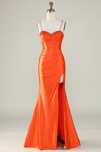 Orange sjöjungfru spaghetti remmar lång korsett balklänning med slits