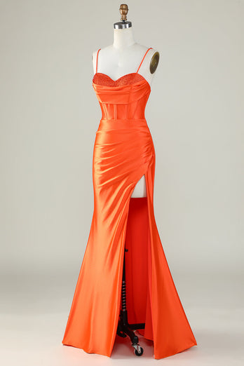 Orange sjöjungfru spaghetti remmar lång korsett balklänning med slits